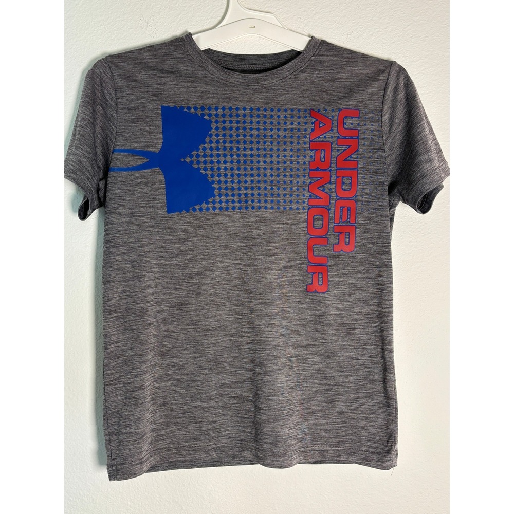 Under Armour Boys Gray Heather Graphic T-Shirt Blue Red Logo‎ XL 18-20 HeatGear